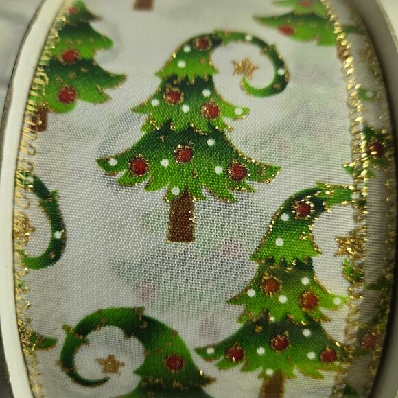 50 yards Abstract Holiday Trees Wired Gold Edge Ribbon 2,5 inch wide No Seams - Picture 2 of 5